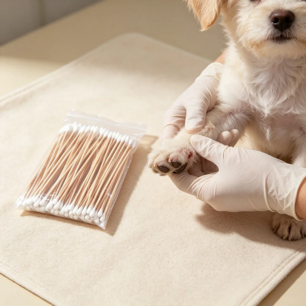 15cm Long Wooden Pet Cotton Swabs,Dual Tips Design Single Point & Round Cotton Buds, Lint-Free Disposable Q-tips for Dog Cat Ear