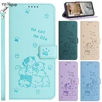 for Funda iPhone 16 15 Plus Strap Leather Phone Case for iPhone 16 15 14 13 12 11 Pro Max 7 8 SE Cases 3D Cat Wallet Flip Cover