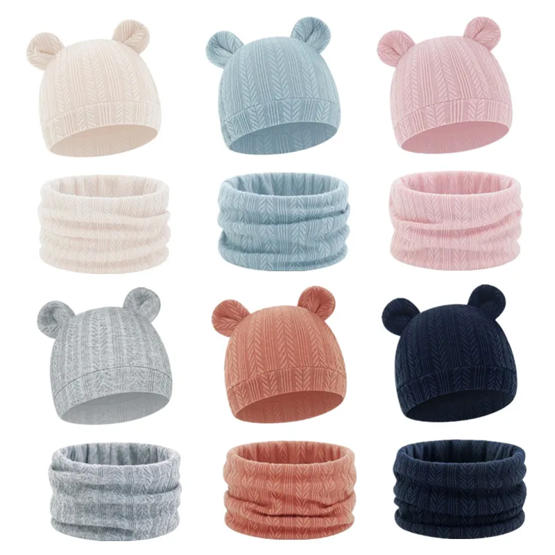 

1 Set Spring Autumn Cotton Baby Warm Hat Neck Muff Cute Bear Ear Newborn Hospital Cap with Warm Neck Scarf For 0-36 Months Baby