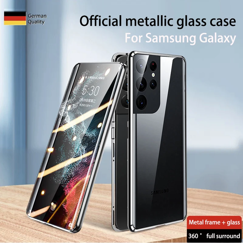 สําหรับ Samsung Galaxy S24 S22 S23 Ultra Case 360 °   กรอบโลหะอัลลอยด์แบบเต็มฝาครอบป้องกันการดูดซับ Magsafe แบบแม่เหล็กแก้ว