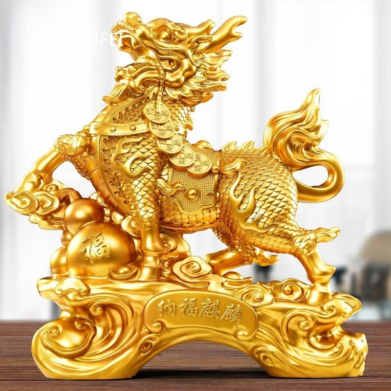 Golden Kylin Resin Statue Feng Shui Lucky Wealth Ornament Traditional Chinese Craft Home Office Tabletop Decoration Gift