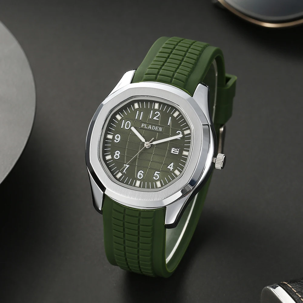 Classic Hand Grenade Dial Watch For Men Sports Silicone strap Quartz Watch Fashion Auto Date Green Wristwatch Man Free Shipping