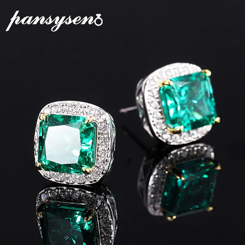 

PANSYSEN 100% 925 Sterling Silver 8MM Square Emerald Aquamarine High Carbon Diamond Gemstone Stud Earrings Wedding Party Gifts