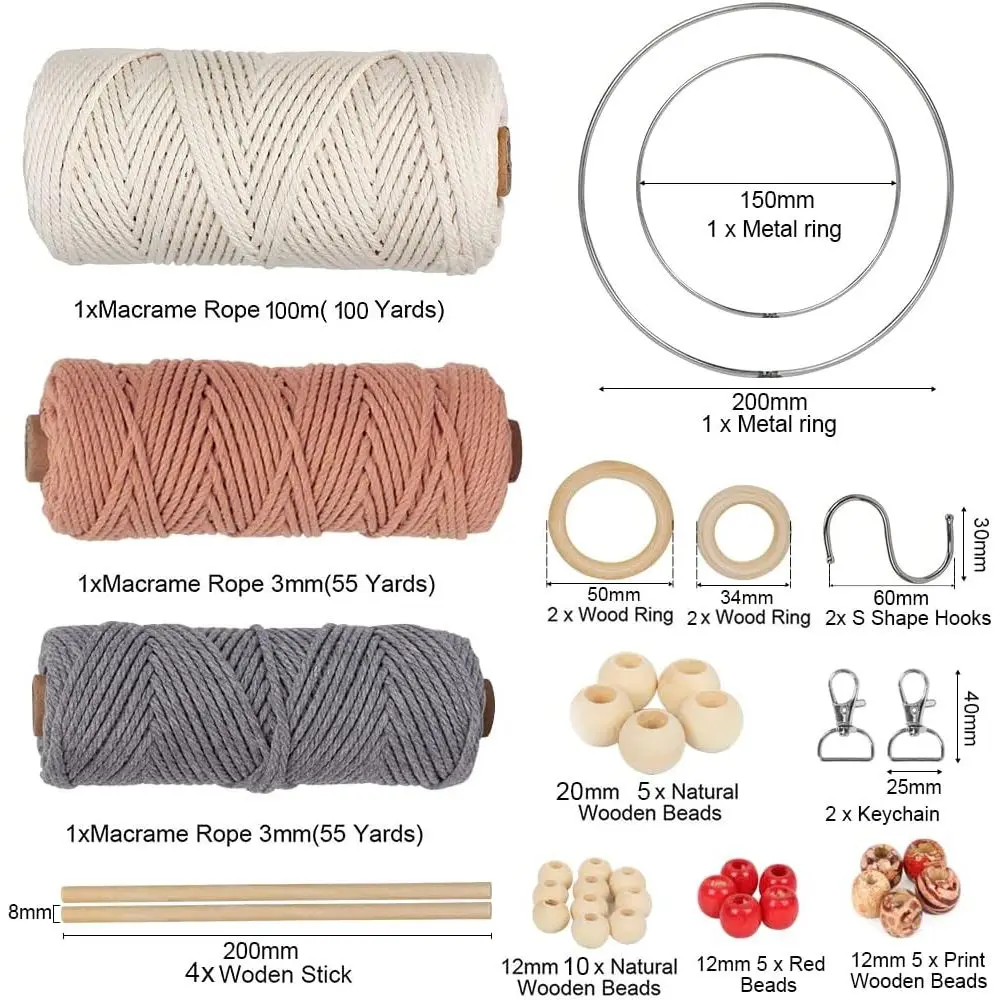 DIY Plant Hanger Kit with Supplies and Instructions, Beads, Wooden Rings, Dream Catcher Rings, 656 Feet 3mm Cotton Cord
