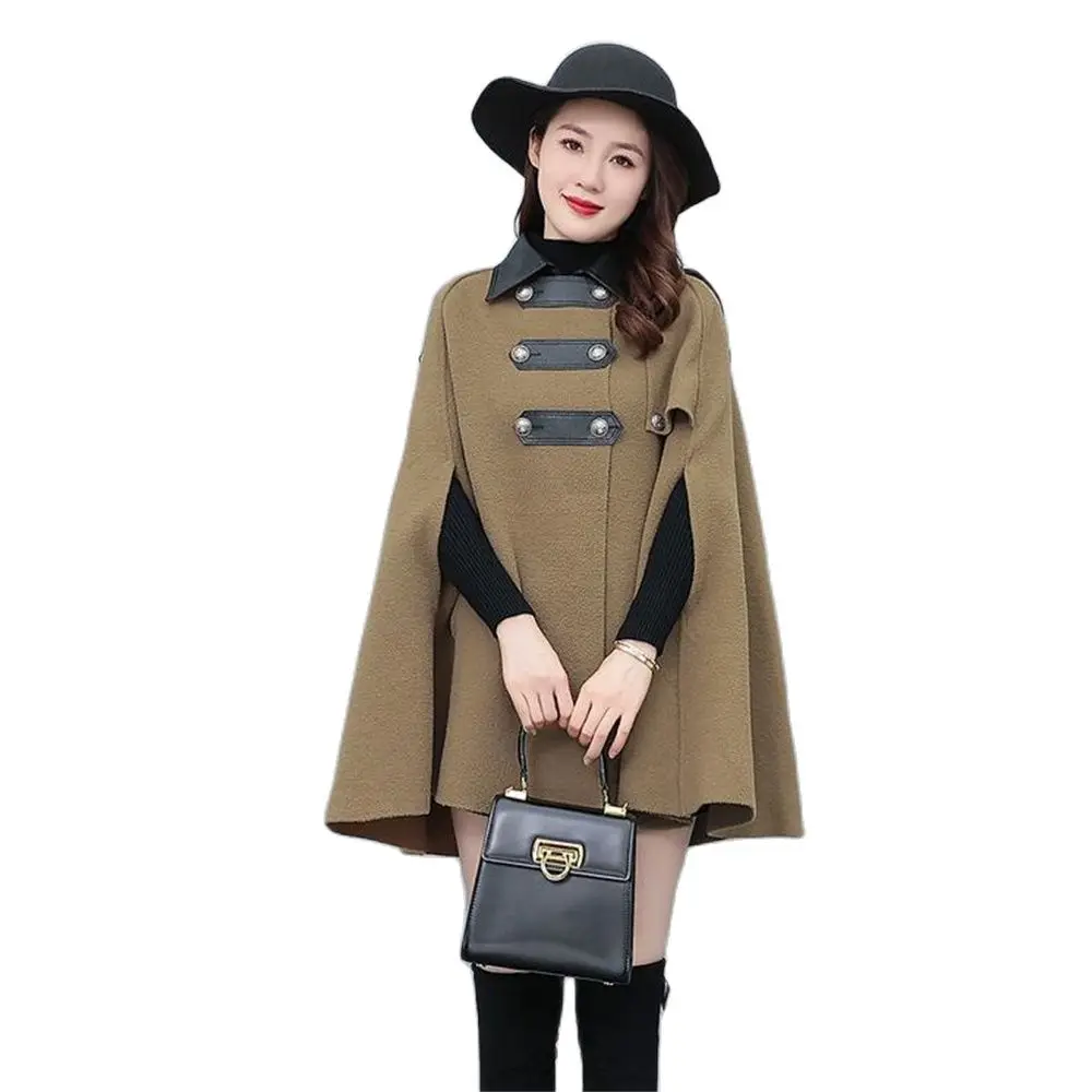 

2024 Autumn Winter Cloak Shawl Cape Woolen Coats Women Splicing Woolen Overcoat Warm Outerwear Tops Solid Cape