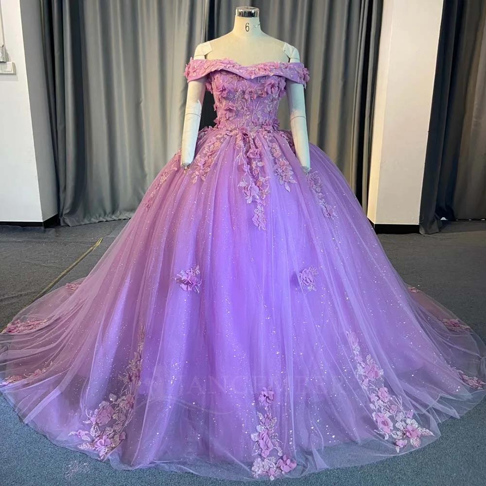Elegant Quinceanera Dresses Purple Ball Gown Customized Off Shoulder 3D Flower Appliques Court Train vestido de 15 quinceanera