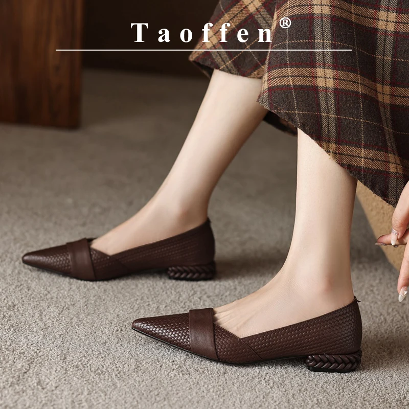 

Taoffen Casual Women Pumps Braided Pattern Pointed Toe Low-heeled Pumps Fashion Slip On Footwear Splicing Office Commuting Shoes