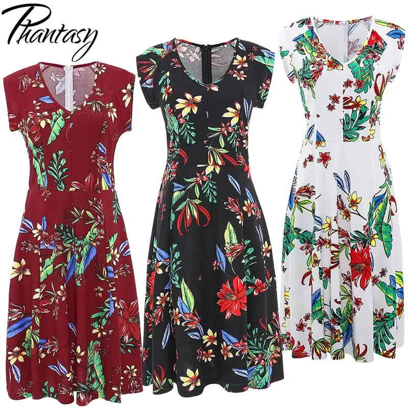 Phantasy V Neck Floral Dress Bohemia Vacation Beach Dresses Women Short Sleevd Zipper Gown Fashion Casual Summer Streetwear