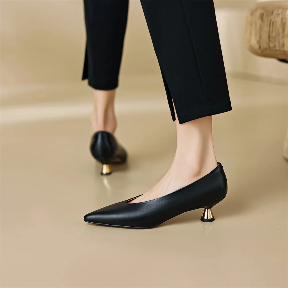 Taoffen Spring/Autumn Women\'s Pumps Real Leather Pointed toe High Heel Fashion Slip On Thin Heels Solid Casual Office Lady Shoes