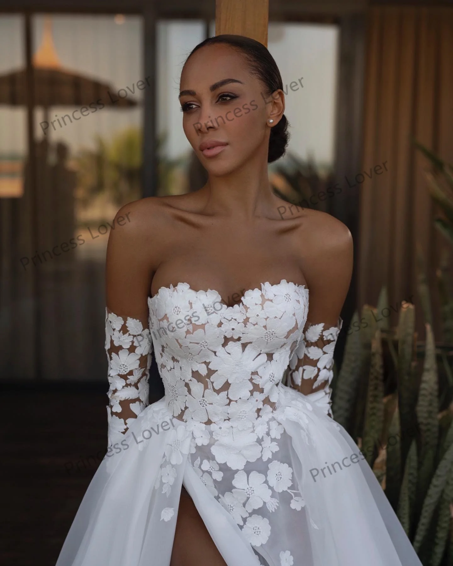 Abiti da sposa in pizzo floreale bianco con maniche staccabili Maxi abito in Tulle con spacco alto secondo abito da ricevimento