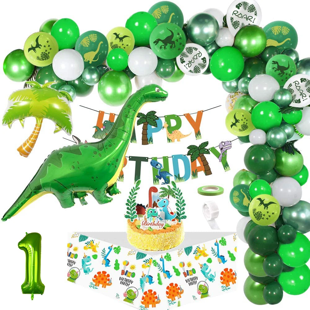 1-9 Year Boy Birthday Green Dino Print Balloon Dinosaur Birthday Party Decorations with Cake Topper Tablecloth Baby Shower Decor