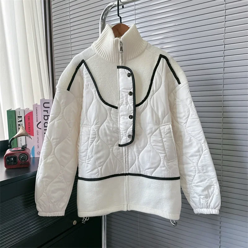 Designed splicing cotton sweater jacket for women 2024 new autumn and winter loose lazy style knitted cardigan