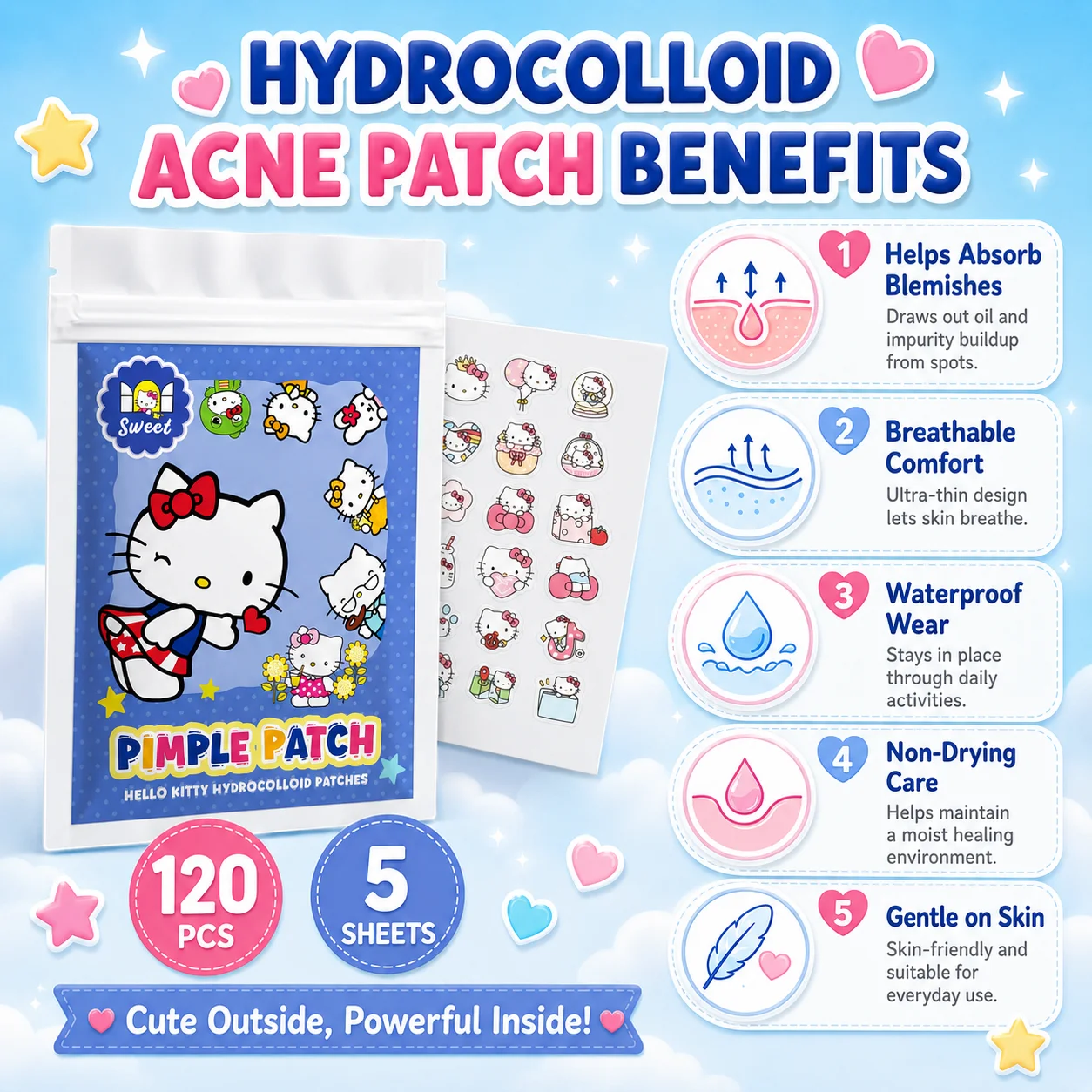 120PCS hello kitty Acne patches, facial acne patches, hydrogel acne removal patches, concealer