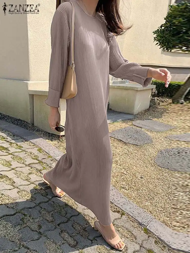 Spring Fashion Pleated Dress 2023 ZANZEA Women Elegant O Neck Long Sleeve Party Sundress Robe Femme Casual Solid Holiday Vestido