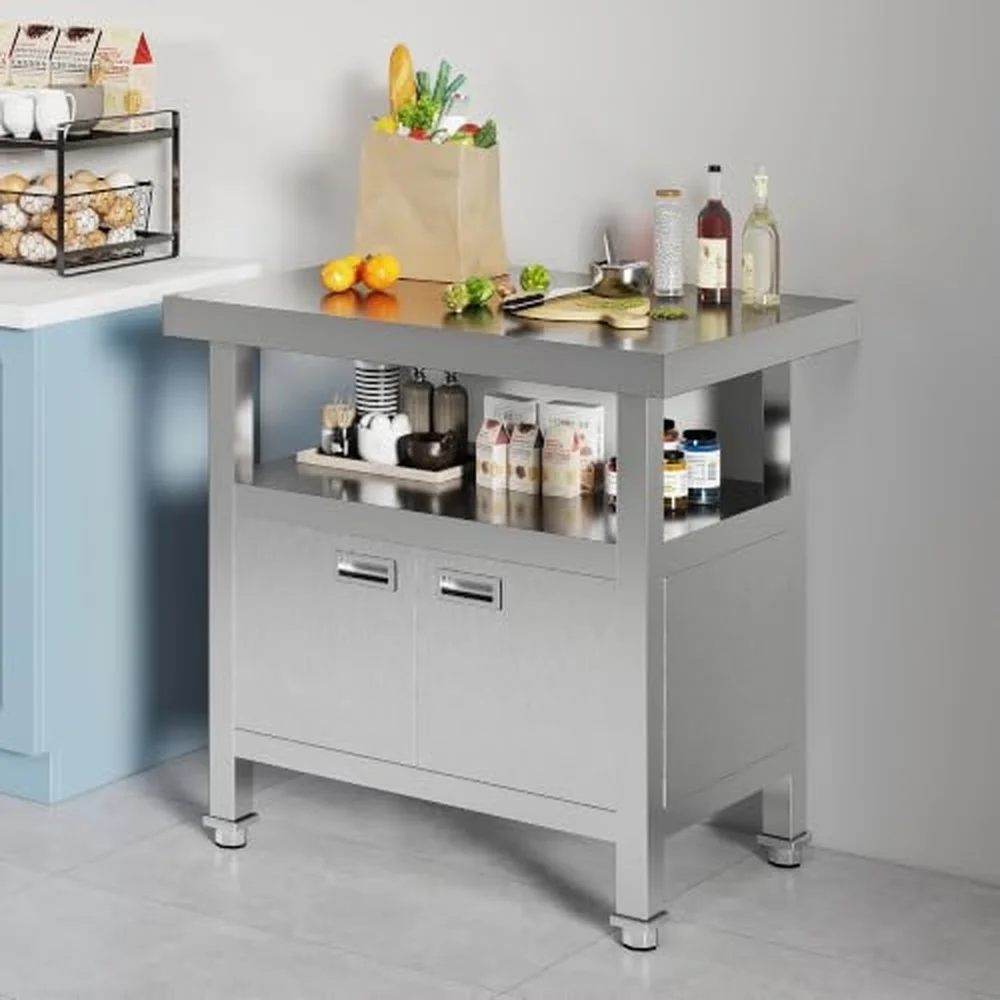 36x24x34 in Stainless Steel Work Table with Cabinet Middle Shelf