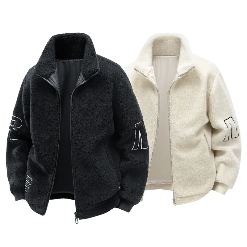 

Men's Fashion Trend Lettered Design Berber Fleece Coat Winter Thick Warm Windproof Jacket Casual Loose Upper Outer Garment