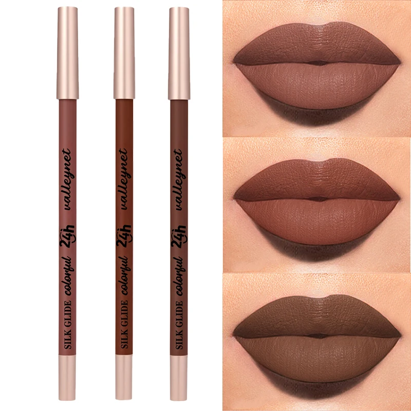 3 قطع من بطانة الشفاه المخملية غير اللامعة ذات تأثير طويل الأمد، لون بني، مزيج من اللون الأرجواني، يخلق مكياجًا طبيعيًا يوميًا