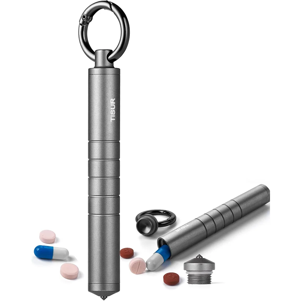 

Small Metal Pill Organizer, Titanium Keychain Pill Holder Travel Pill Box Case Multitool EDC Every Day Carry for Men (Grey)