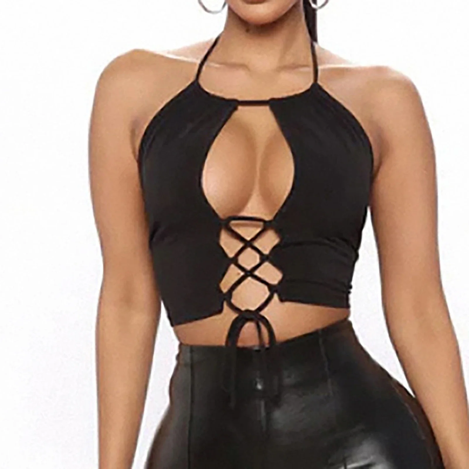 

Sexy Strap Hollow Out Bare Midriff Halter Crop Tops Women Tank Top Casual Sleeveless Cropped Vest Camisole Tube Top De Mujer