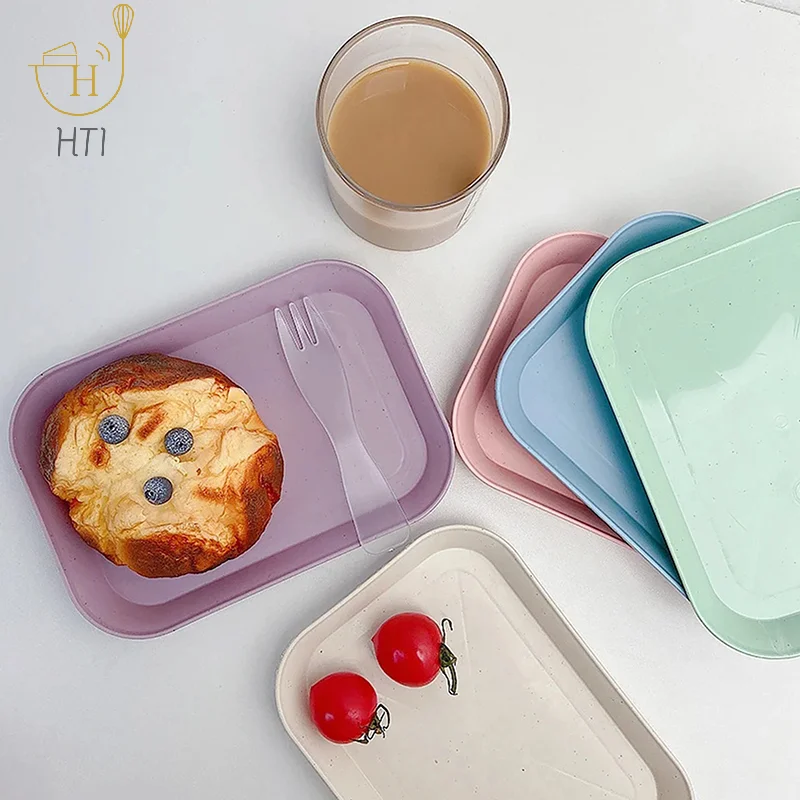 Candy Color Wheat Straw Storage Tray Fruits Snacks Plate Desktop Sundries Storage Tray Plastic Small Square Plate Decor Trays