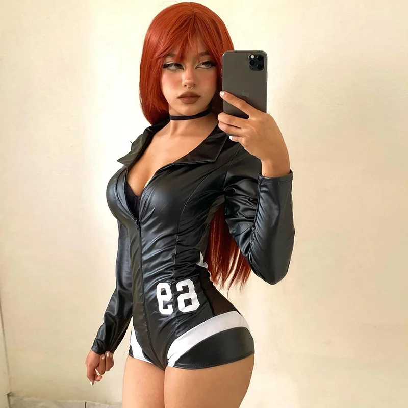 

Crystal Women Pu Leather Playsuit Romper Outfits Female Clothes Bodysuit With Sleeve Letter Printed Contrasting Zipper Lapel