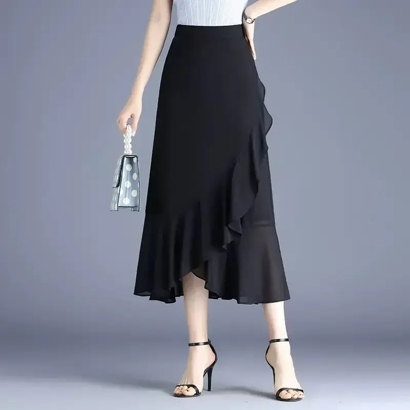 

2024 New Summer Black A-line Patchwork Irregular Mid Length Skirt for Women's Retro High Waisted Long Skirt in South Korea P727