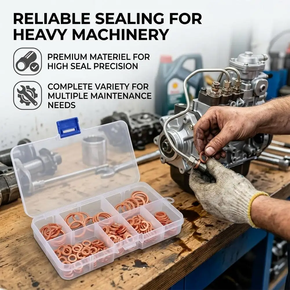 50Pcs Solid Copper Washers Assortment Kit Flat Ring Seal Gasket O-Type Oil Drain Plug Sealing Washer Set With Storage Box