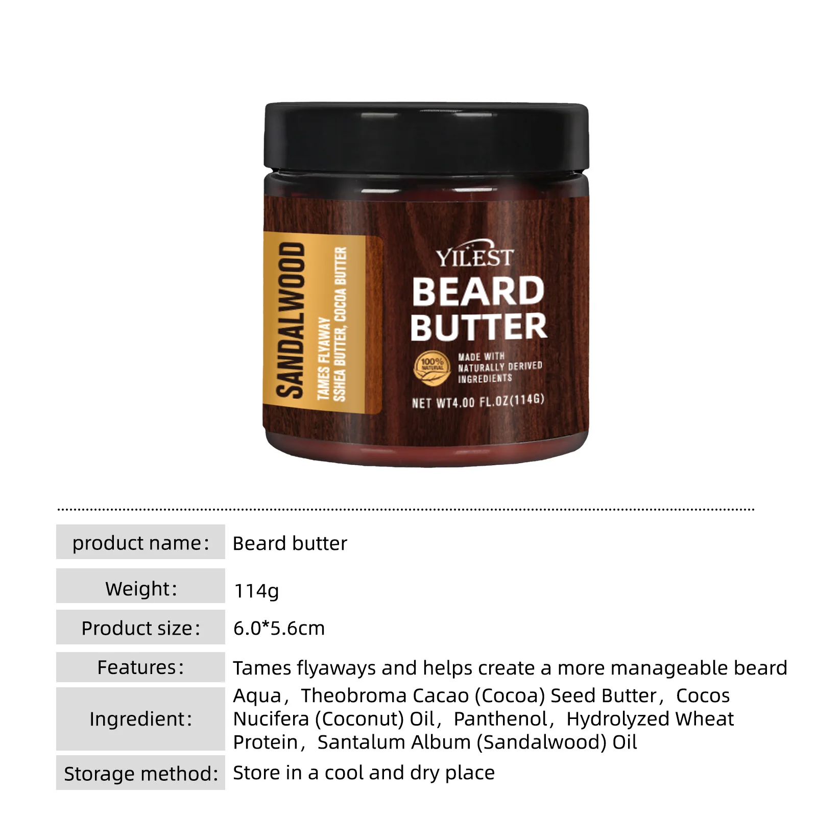 114g Sandalwood Beard Butter for Men Natural Conditioning Balm to Tame & Style Beard Soften Beard Care Cream w/Shea Cocoa Butter