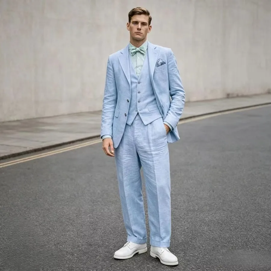 White Linen Men's 3 Piece Suit Slim Fit Notch Lapel Two Buttons Blazer Vest Pants Set Summer OutwearCasual Business Wedding Suit
