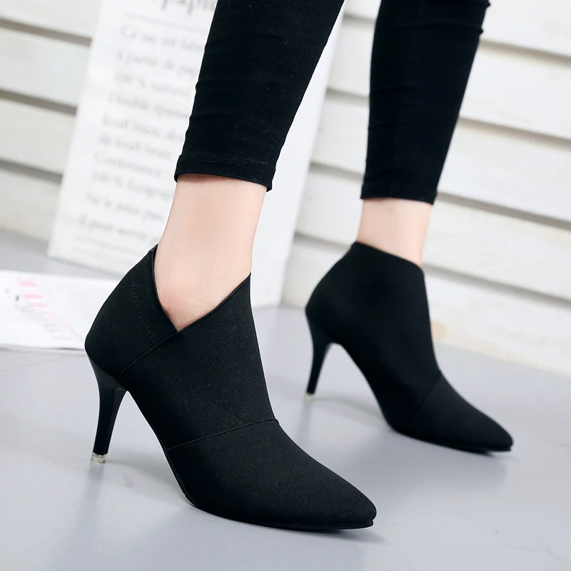 2023 Grey Fashion Women High Heel Booties Large Size Female High-Heeled Boots Young Ladies Booties  Heel Cloth Boots