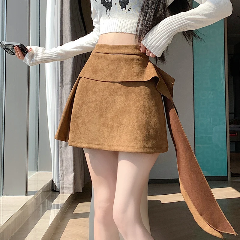   Outono inverno veludo irregular feminino a linha envoltório saias curtas 2025 nova cintura alta arco coreano sexy mini saias femininas