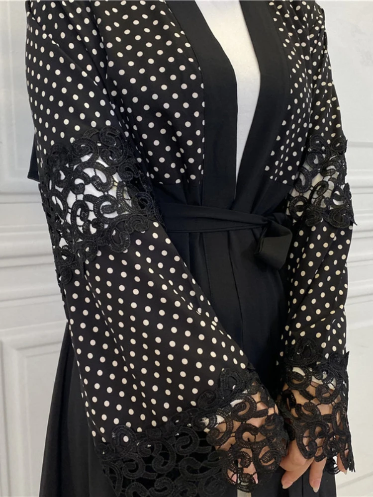 Eid Muslim Abayas for Women Cardigan Kimono Lace Polka Dot Party Abaya Morocco Caftan Ramadan Islam Dubai Arab Long Robe 2024