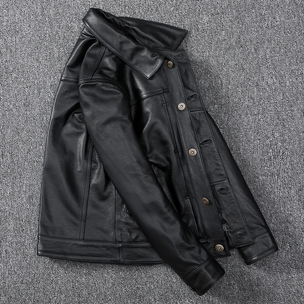 Top Layer Calf Skin Business Casual Real Leather Clothes Men's Lapel Middle-Aged Leather Jacket