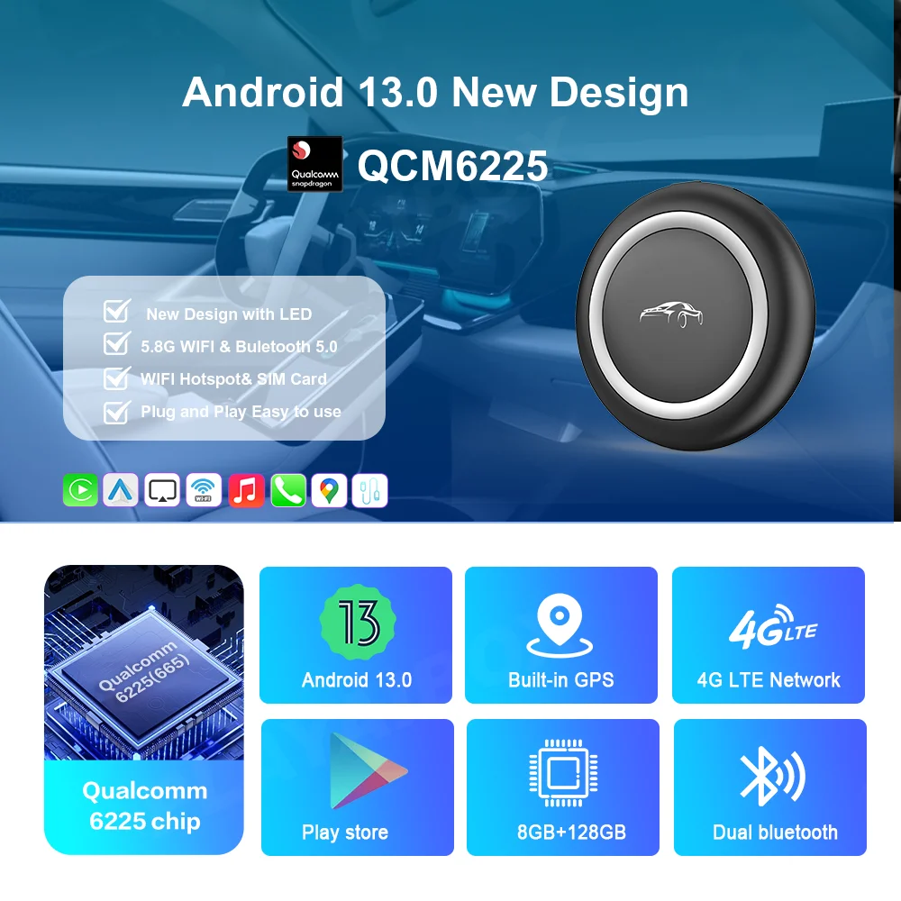 Carplay Ai Box Android 13 Wireless Carplay Android Auto QM6225 8GB+128GB For Youtube Netflix Volvo Kia VW Mazda Audi Benz Toyota