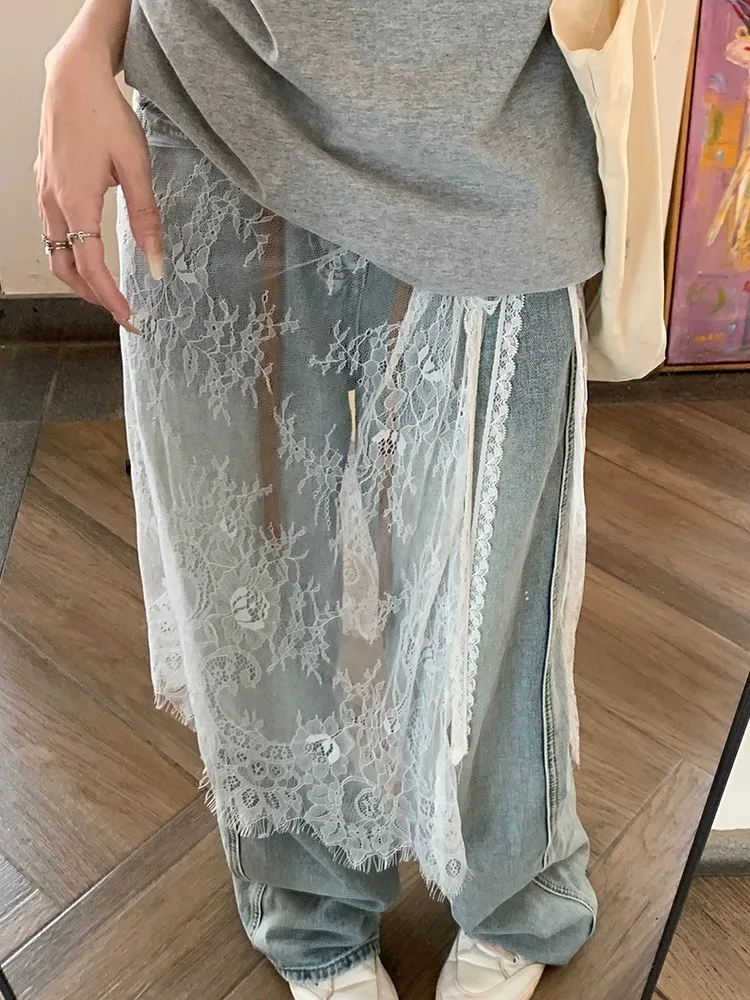 Versatile  Item! Hot American Straight Tube Pleated Skirt See-through Outerwear Mid-length Layered Lace Skirt Half-length...