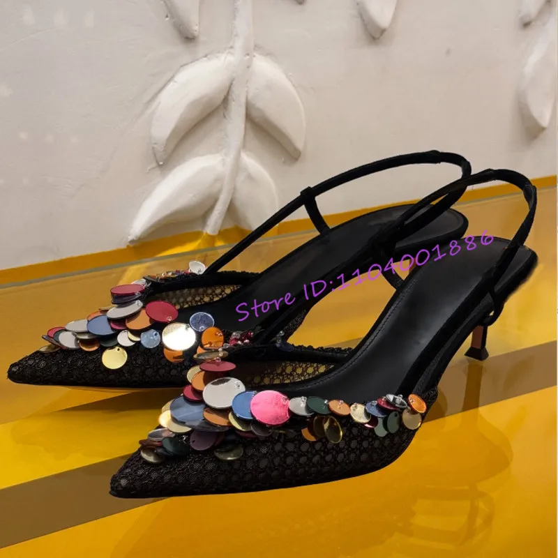 

Black Mesh Colorful Sequine Sandals for Women Pointed Toe Med Heel Back Strap Pumps Brand Designer Party Dress Banquet Shoes