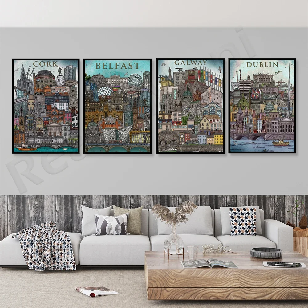 Iconic Irish City Posters-Art Deco Canvas Gifts from Dublin, Belfast, Cork and Galway