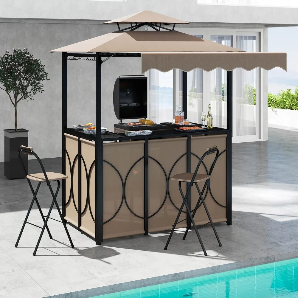

3PCS Outdoor BBQ Canopy w/ Bar Table & 2 Foldable Bar Chairs Set for Patio