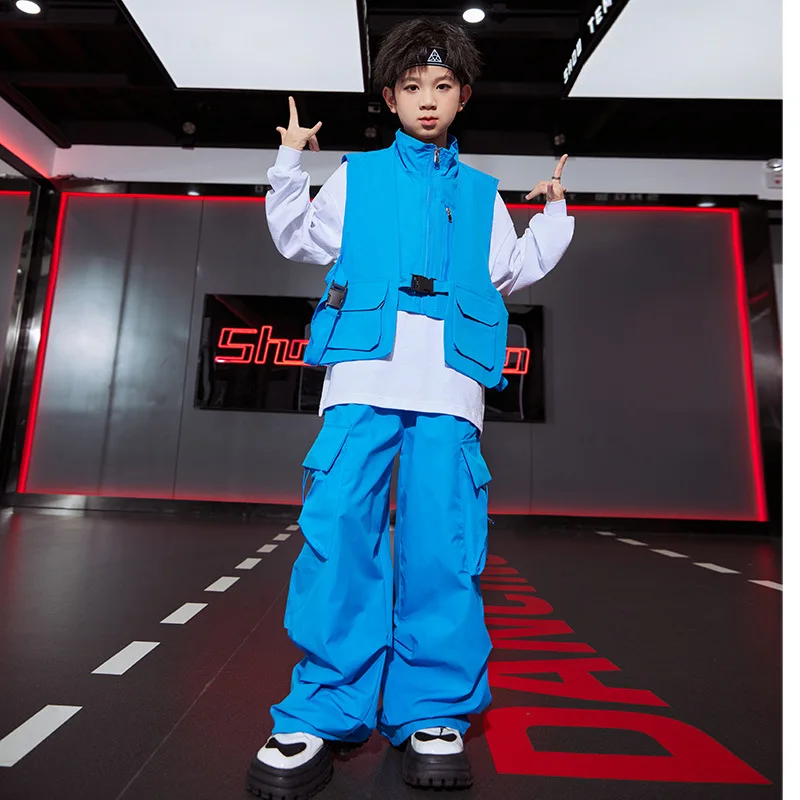 New Ballroom Hip Hop Dance Costumes For Kids Loose Vest Cargo Pants Blue Suit Girls Jazz Dance Drum Stage Rave Clothes DQS14955