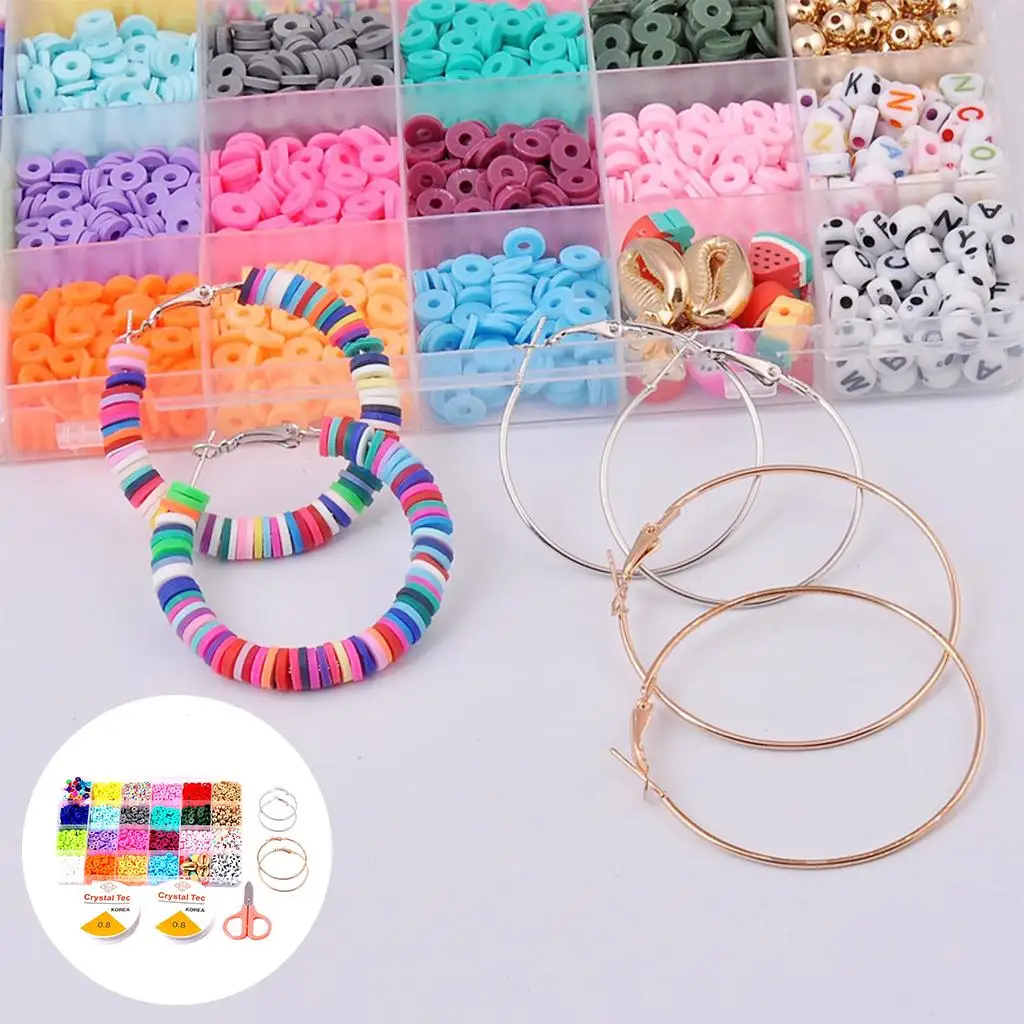 Perles d'espacement en argile polymère avec kit de ciseaux à pendentif, 24 sortes