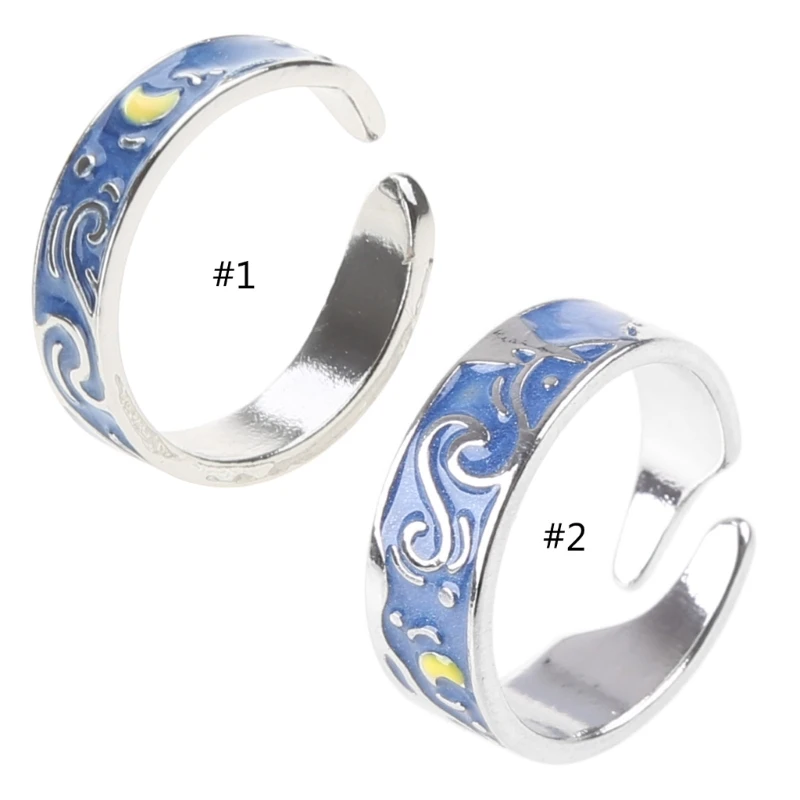 خاتم مطلي بالفضة S925 رومانسي فان جوخ مرصع بالنجوم لخاتم إصبع السماء مفتوح لمحبي #1