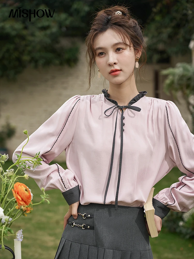 MISHOW French Lace Up Long Sleeve Shirt for Women 2024 Spring Temperament Lace Collar Contrast Color Top Office Lady MXD13X1334