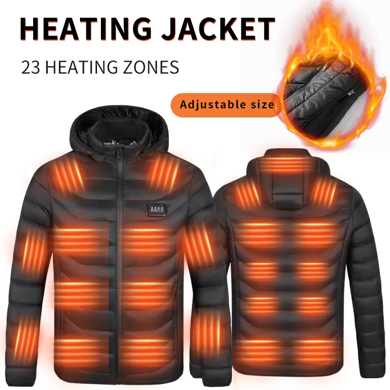 

Men's Heating Jacket 23 Zone USB Electric Thermal Hooded Coat Warmth Outerwear with Hat【Power supply not included】