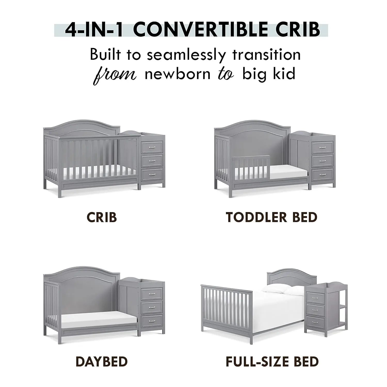 Crib conversível e Changer Combo, 4 em 1, Cinza