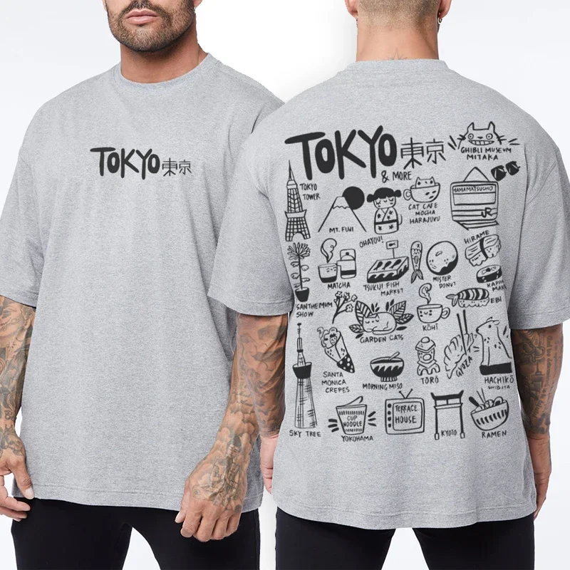 Doppelseitiges japanisches handgezeichnetes Oversize-T-Shirt aus 100 % Baumwolle mit Allover-Print für Männer und Frauen, Street Fashion