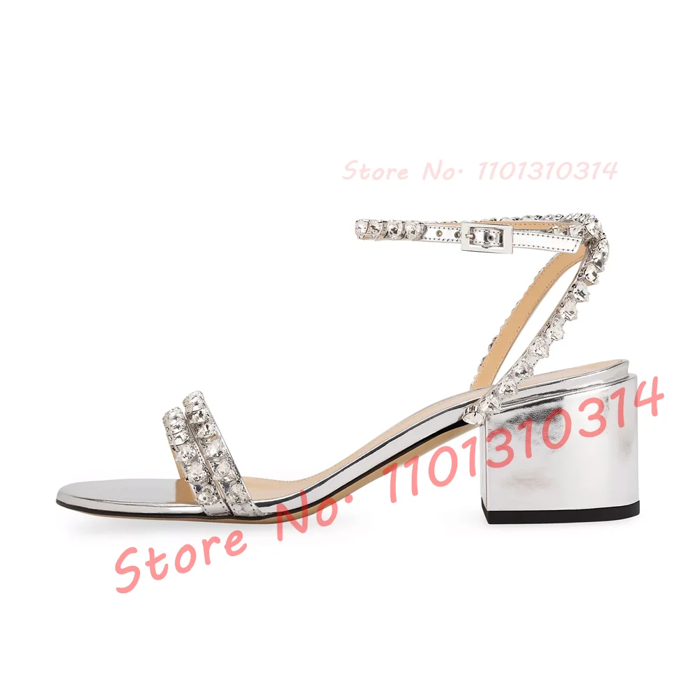 Heart Crystal Block Heel Sandals Sweet Ladies Trendy Ankle Strap Silver Summer Shoes Rhinestones Double Straps Women Sandals