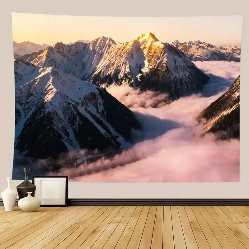 VIKAMA Dawn Glow Snowy Mountain Wall Tapestry, Golden Light Mountain Top Pink Cloud Valley Landscape Wall Blanket Dorm Art
