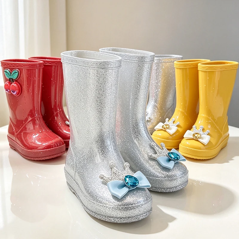 Toddler Girls Glitter Rain Boots Waterproof Non-Slip Kids Rain Shoes Comfortable Children's Waterproof Footwear Shiny Water Boot