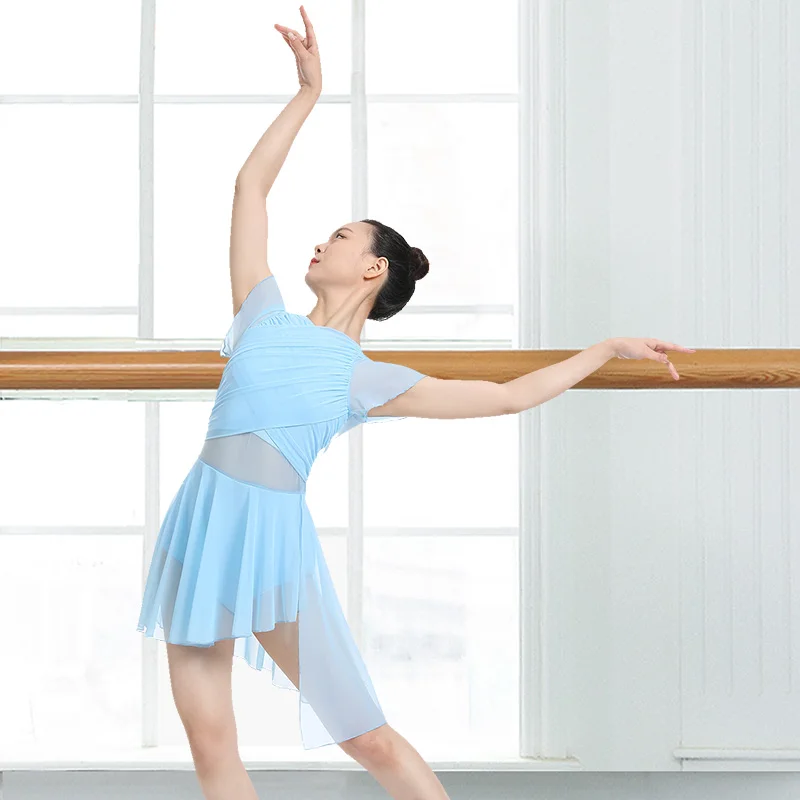 فستان رقص باليه حديث غنائي للنساء، زي رقص معاصر غير متماثل عالي ومنخفض الشبكي