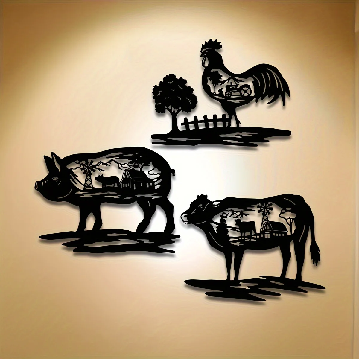 Set of Three Metal Wall Decorations Featuring Silhouettes of a Pig, Chicken, And Cow. Each Piece Measures 11.32X8.7 Inches